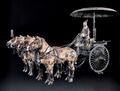 Bronze chariot in Qin dynasty (220 BCE -206 BCE). This chariot was unearthed in 1980 to the west of the burial mound of the Mausoleum of the First Qin Emperor in Lintong, Shaanxi Province. After its excavation, it was housed in the Museum of the Terracotta Warriors and Horses of the First Qin Emperor. In May 2021, the second bronze chariot was relocated to the Bronze Chariot and Horse Museum of the Mausoleum of the First Qin Emperor.