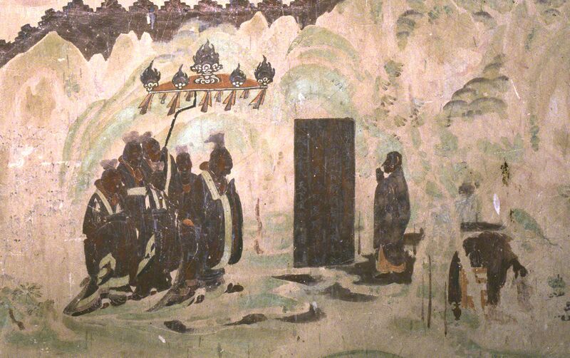 File:Canopy in Image of Master Tan Yan Praying for Rain on the South Wall of Mogao Cave 323 Early Tang Image Courtesy of the Dunhuang Academy.jpg