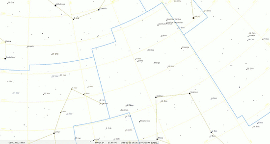 Lalande's Quadrans on Stellarium with the three brightest stars marked; the image is anchored at the RA/DEC-lines, so the stars have a tiny offset (Susanne M Hoffmann 2025).